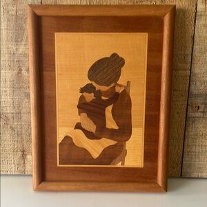 Vintage Marquetry Handcrafted Wood Inlay Artwork of Mother Holding a Child